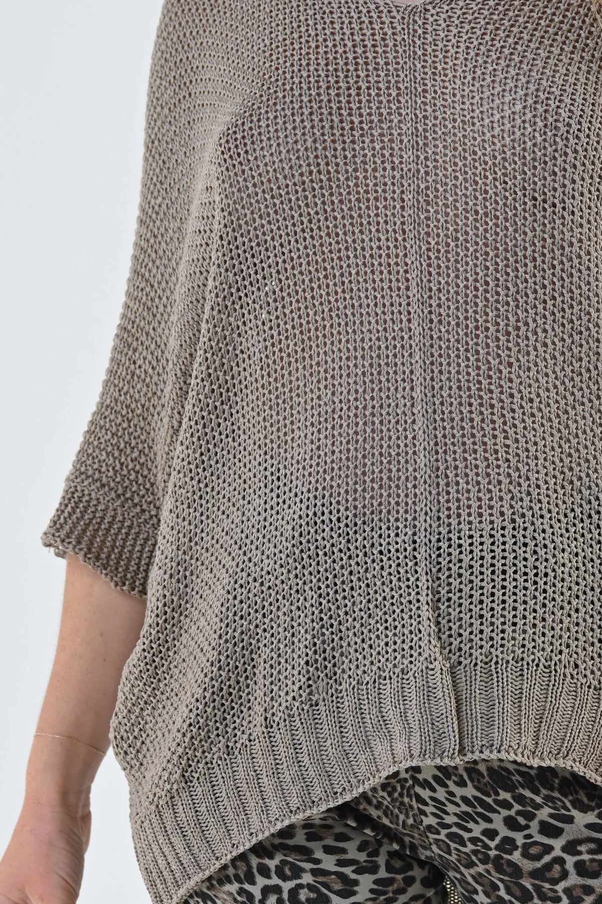 Jean Knit Batwing 3/4 Sleeve Top – front view, fango, 3/4 sleeve knit top with batwing cut | Sonella