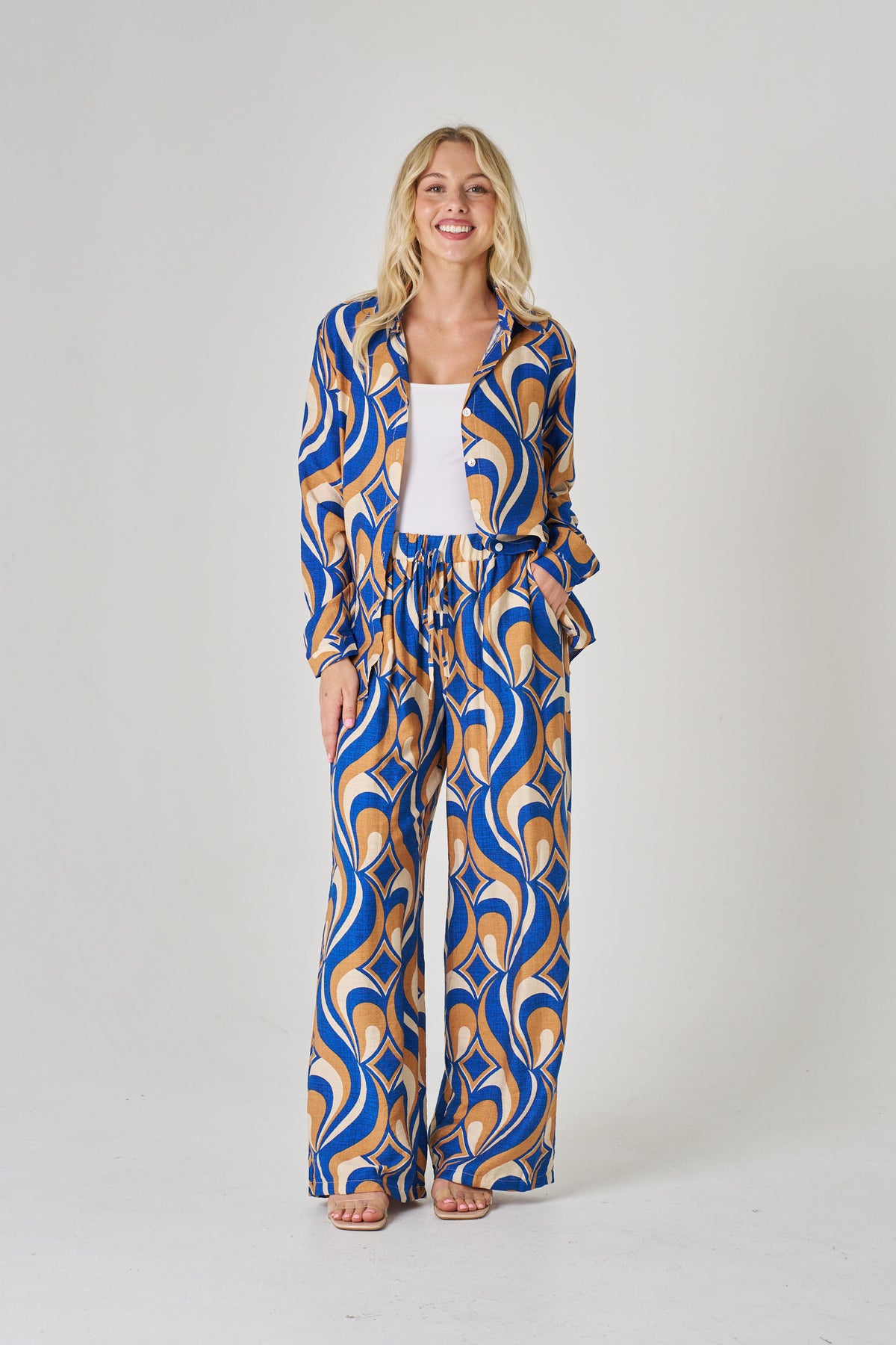 Blue & Camel Cotton Pants — relaxed 100% cotton pant in blue and camel, with an elastic waist | Sonella