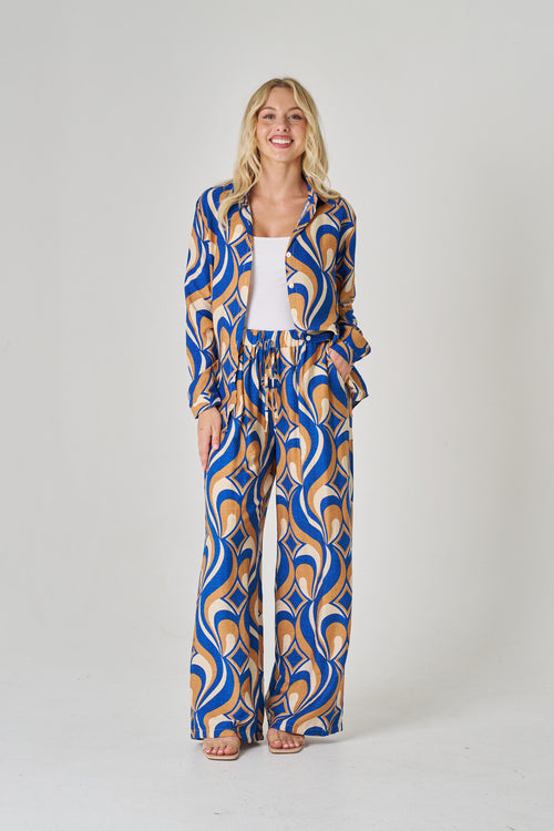 Blue & Camel Cotton Pants — relaxed 100% cotton pant in blue and camel, with an elastic waist | Sonella