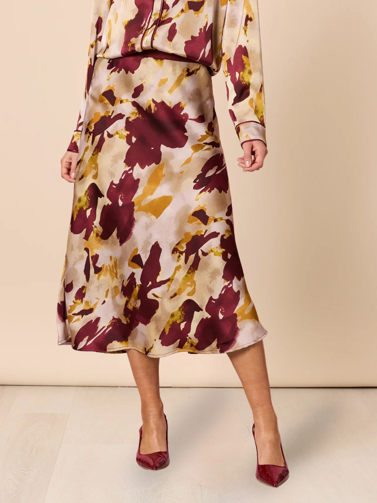 Verona Print Skirt — bias-cut satin midi skirt in an abstract floral print | Sonella
