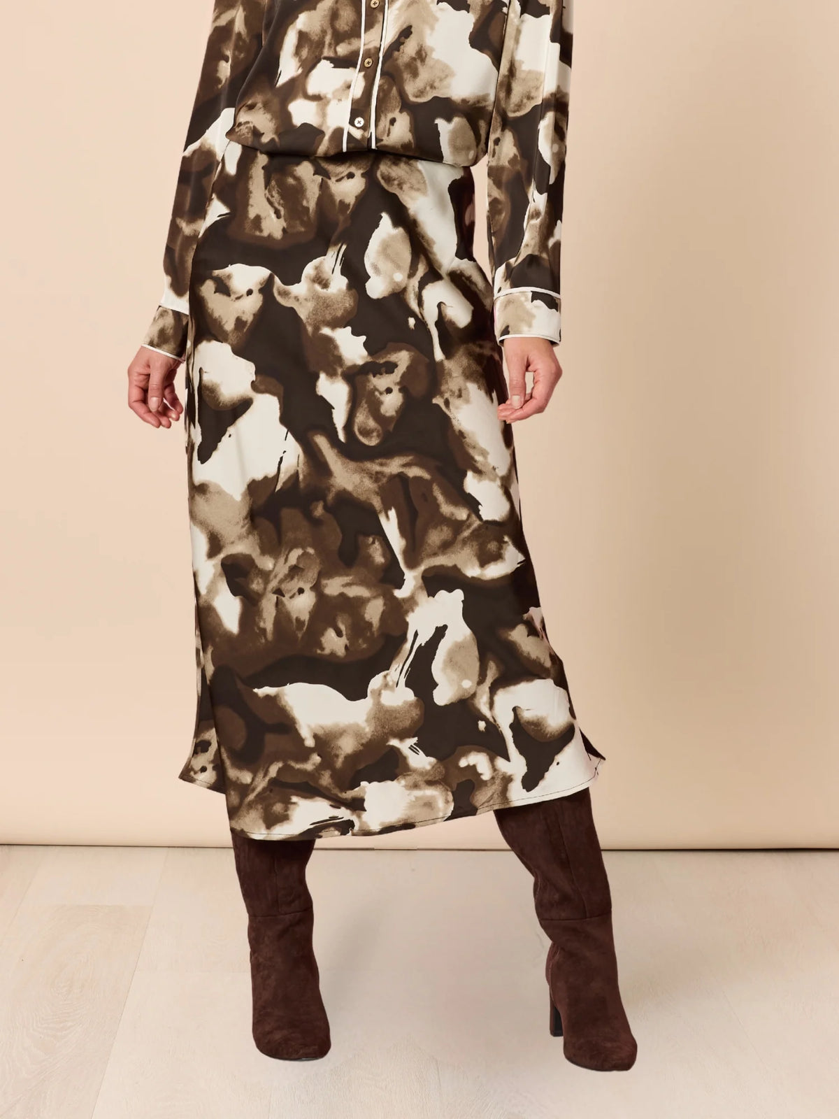 Venice Print Skirt — high-rise A-line midi skirt in an espresso painterly print, in a smooth lightweight fabric | Sonella
