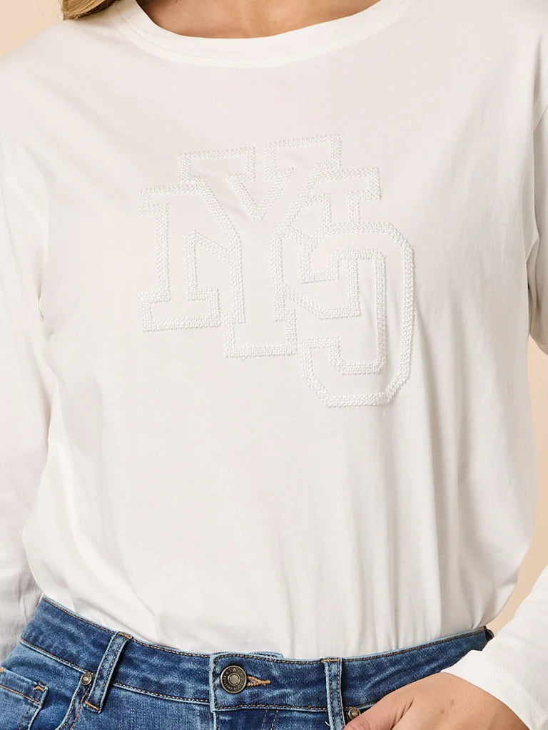NYC Long Sleeve Tee — relaxed 100% cotton long-sleeve tee with tonal NYC sequin embroidery and a crew neckline | Sonella