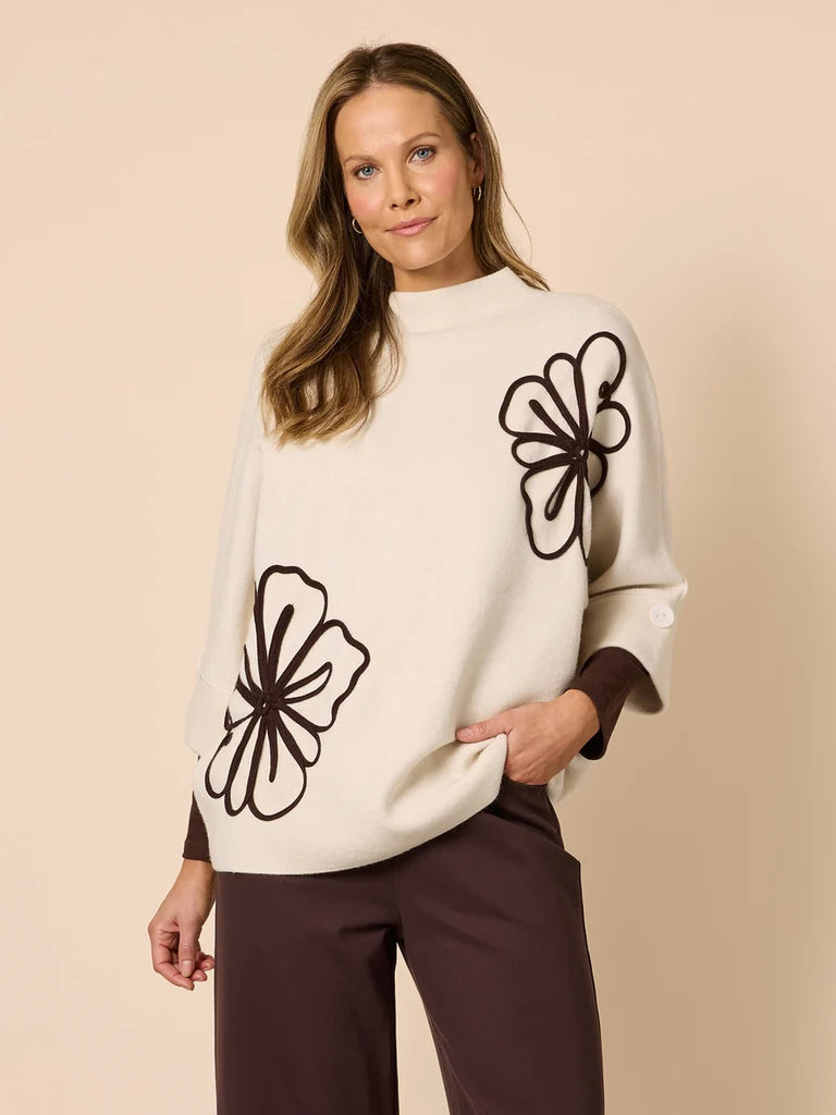 Mimosa Knit — relaxed knit with oversized textured floral motifs, a high neckline and wide three-quarter sleeves | Sonella