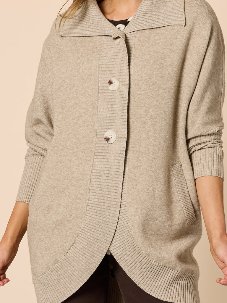 Cafe Cardigan — relaxed knit cardigan with a wide fold-over collar, curved front opening and oversized buttons | Sonella