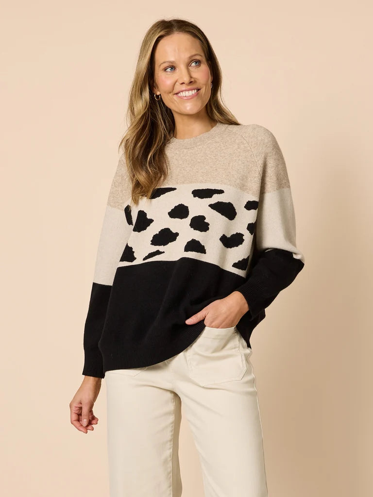 Mimi Knit — relaxed crew-neck knit with colour blocking and an animal-inspired centre panel | Sonella