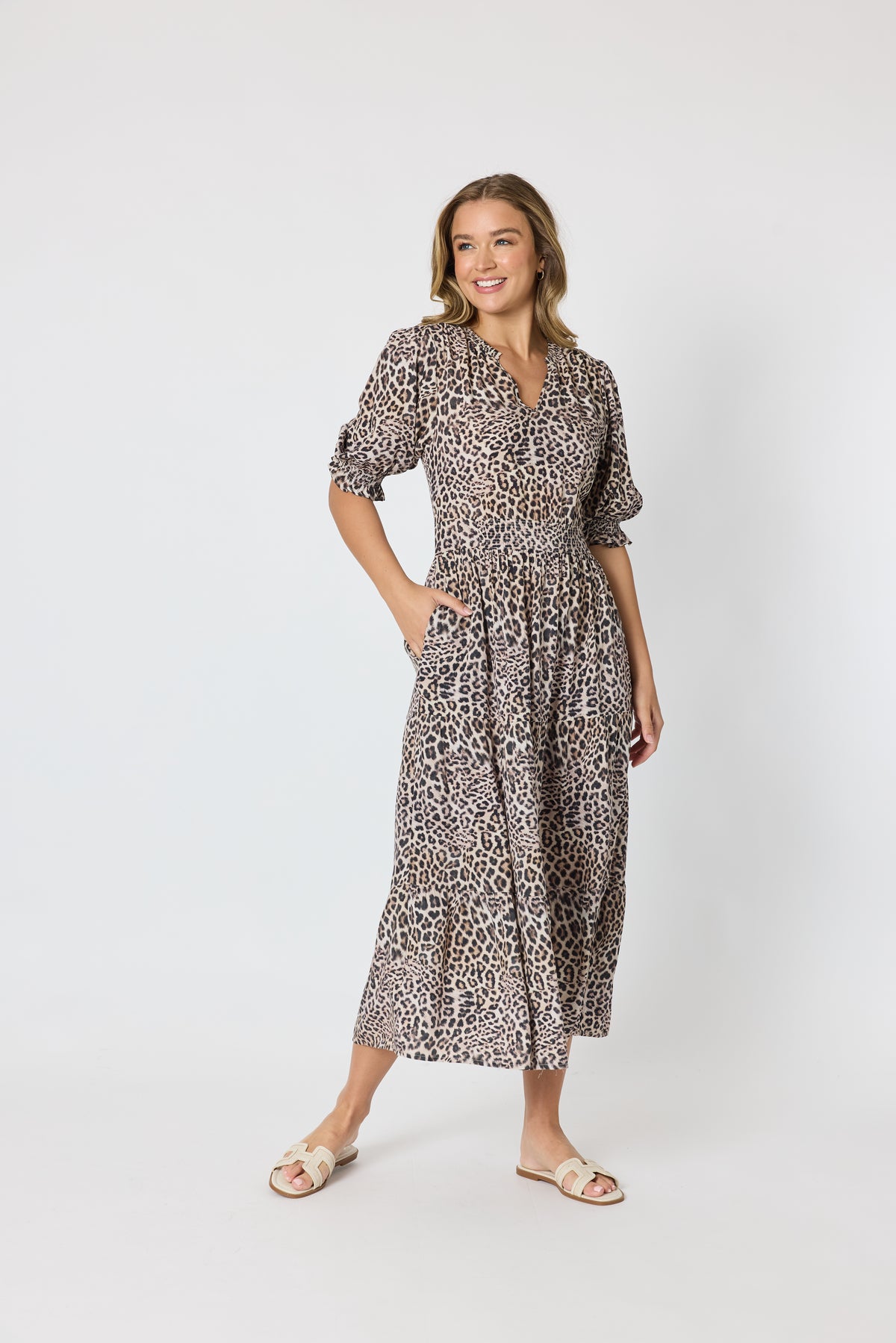 Serengeti Dress — relaxed 100% viscose dress with a fluid drape, elasticated waist and elasticated sleeves | Sonella