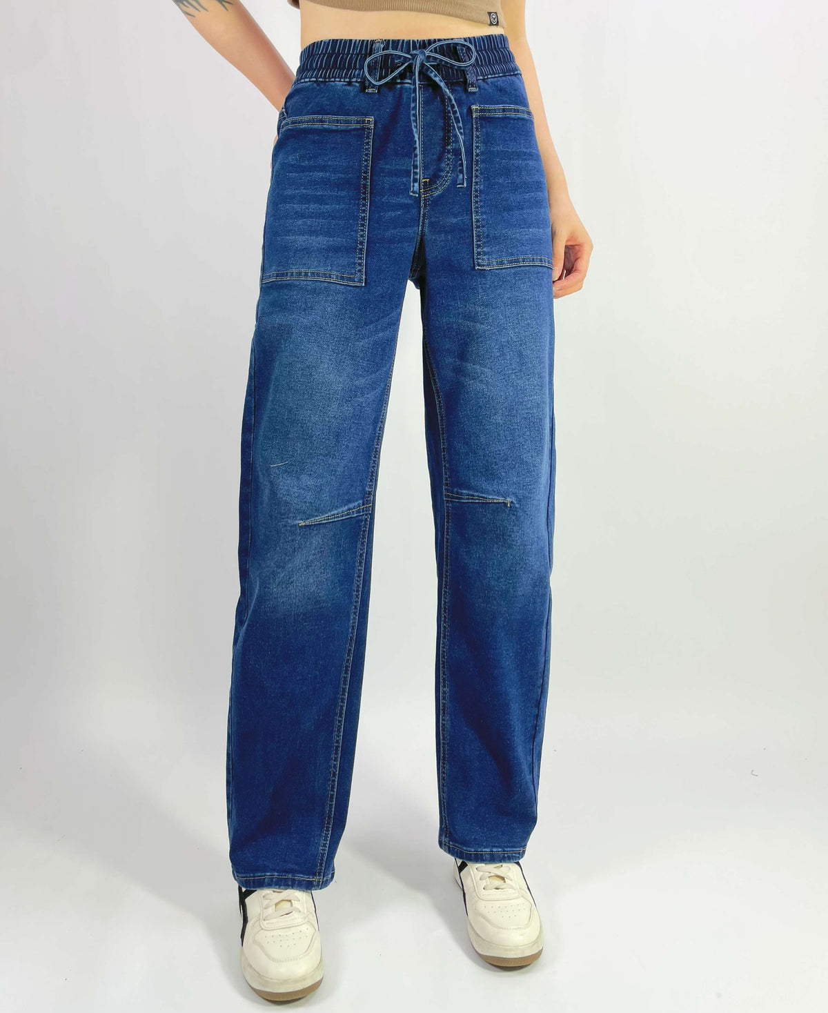 Barrel Leg Jeans — pull-on barrel-leg jean with an elasticated waist, in sand or dark denim | Sonella
