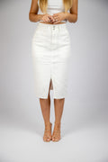 Midi Denim Skirt — midi denim skirt with a centre front split | Sonella