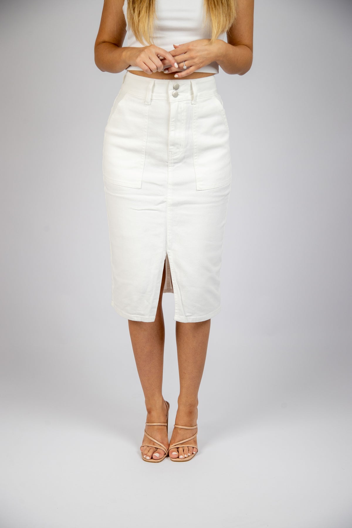 Midi Denim Skirt — midi denim skirt with a centre front split | Sonella