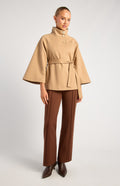 Funnel Neck Cape Coat — camel cape coat with a funnel neckline | Sonella