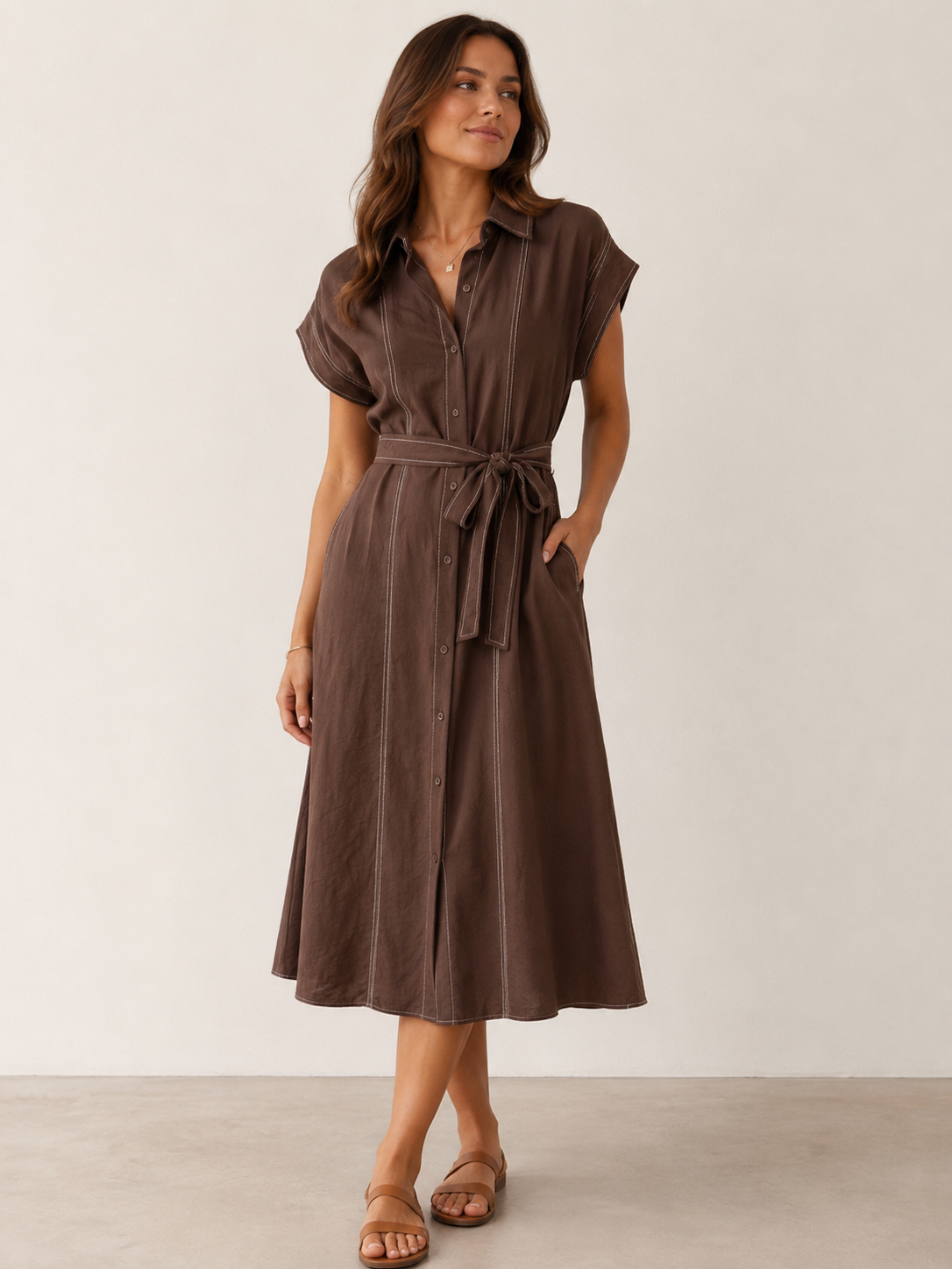 Cap Sleeve Midi Dress — chocolate brown midi dress in a rayon-nylon blend, with cap sleeves | Sonella