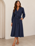Denim Look Dress — denim-look long-sleeve shirt dress in a rayon-nylon blend, with a collar, button front | Sonella