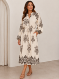 Ornamental Print Dress — mid-calf dress in a brown ornamental print on off white, with a button front | Sonella