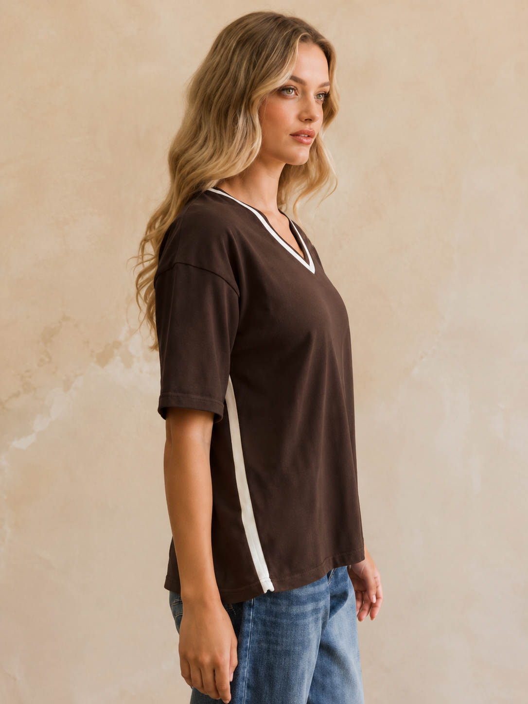 Street Mode Top — brown wool-blend short-sleeve top with white side stripes and a white V-neckline trim | Sonella