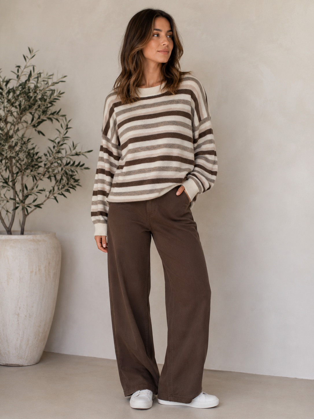 Striped Knit Jumper — relaxed acrylic-wool jumper striped in brown and natural, with ribbed neck, waist and cuffs | Sonella