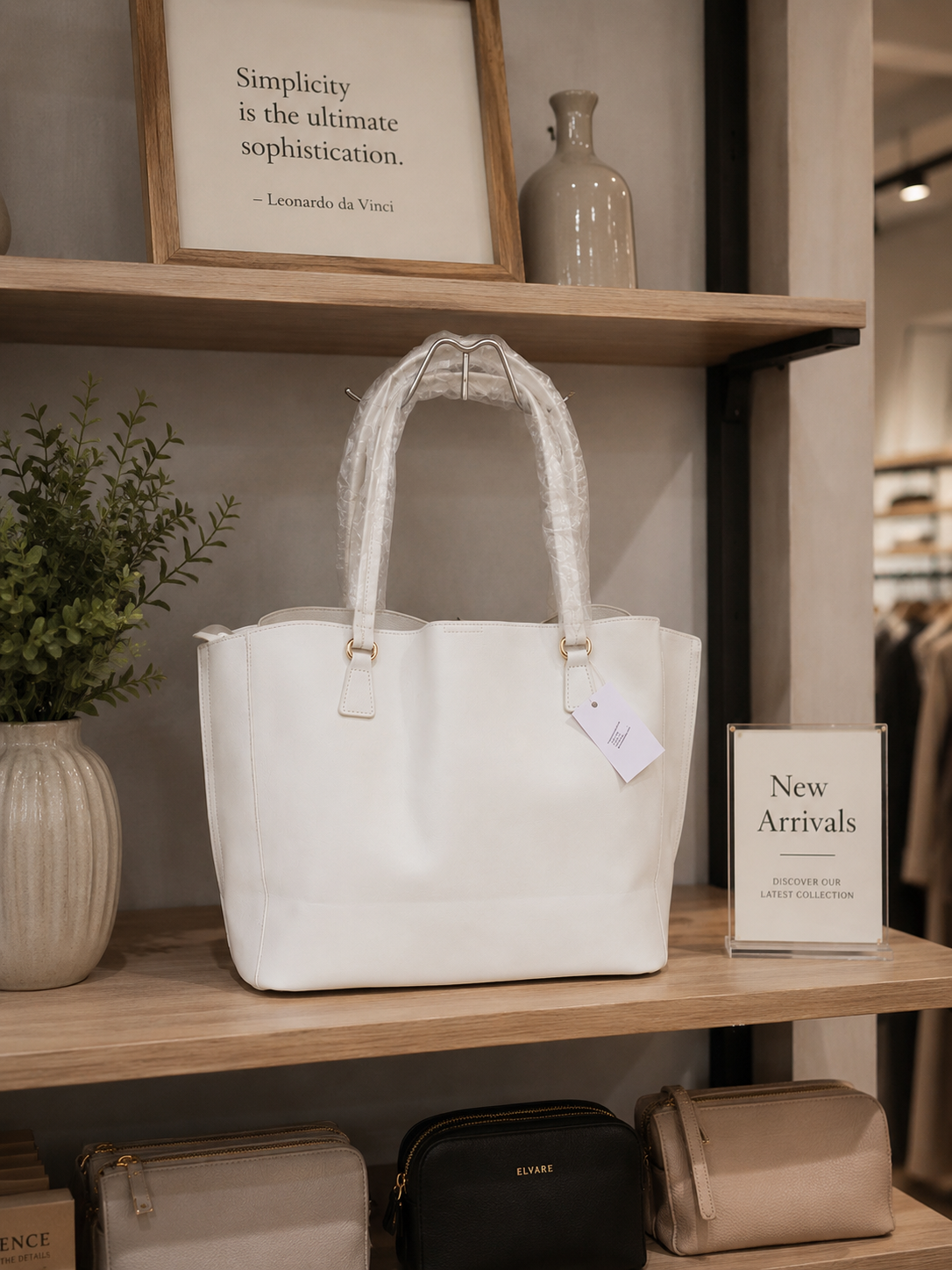 White Structured Handbag — structured white handbag with gold hardware, a zipped centre compartment | Sonella
