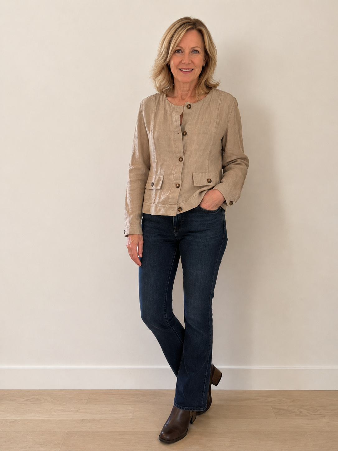 Carolina Linen Jacket in cashmere – front view, styled with dark jeans and ankle boots, button-through opening with patch pockets | Sonella