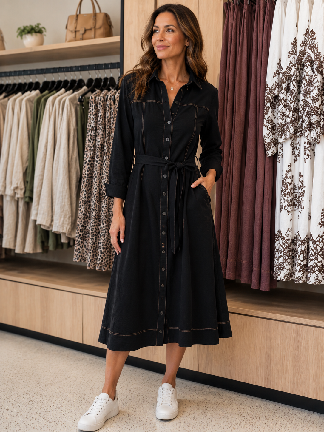 Detailed Stitch Dress — black and brown mid-calf dress with stitch detailing, long sleeves | Sonella