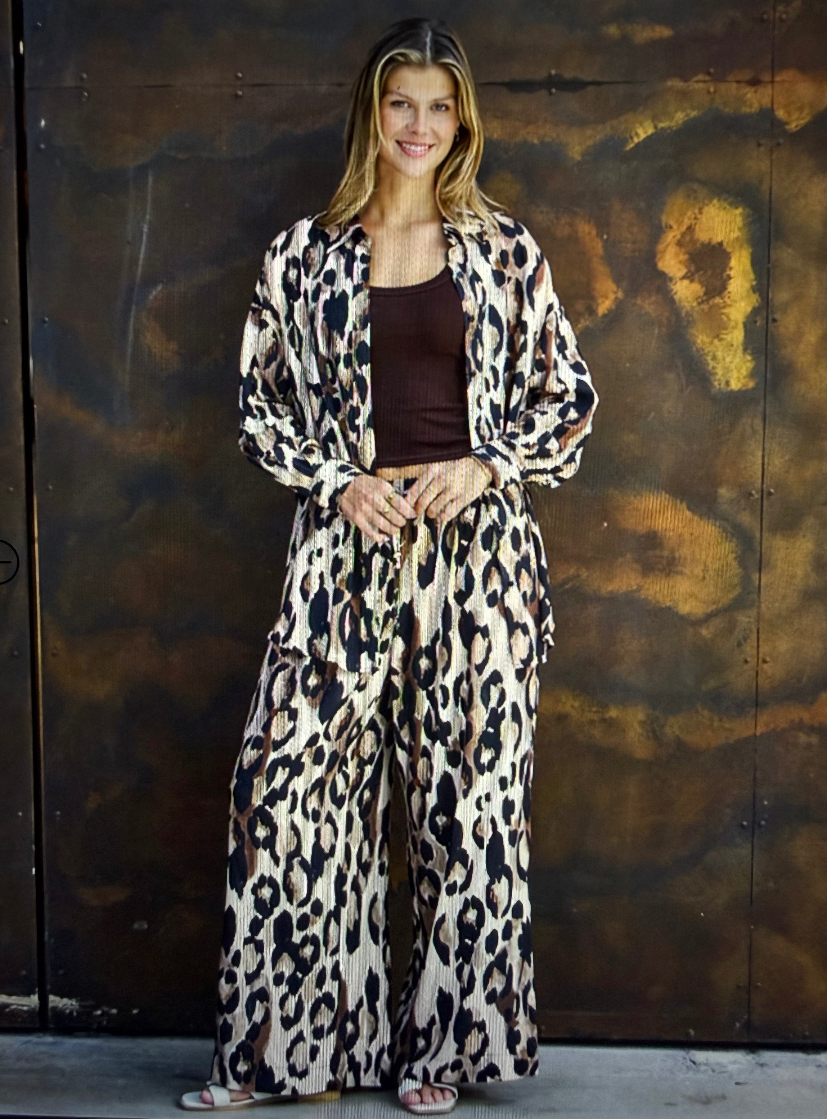 Calhoun Pant – Leopard Print — loose straight-leg rayon pant in leopard print, with an elastic waistband | Sonella