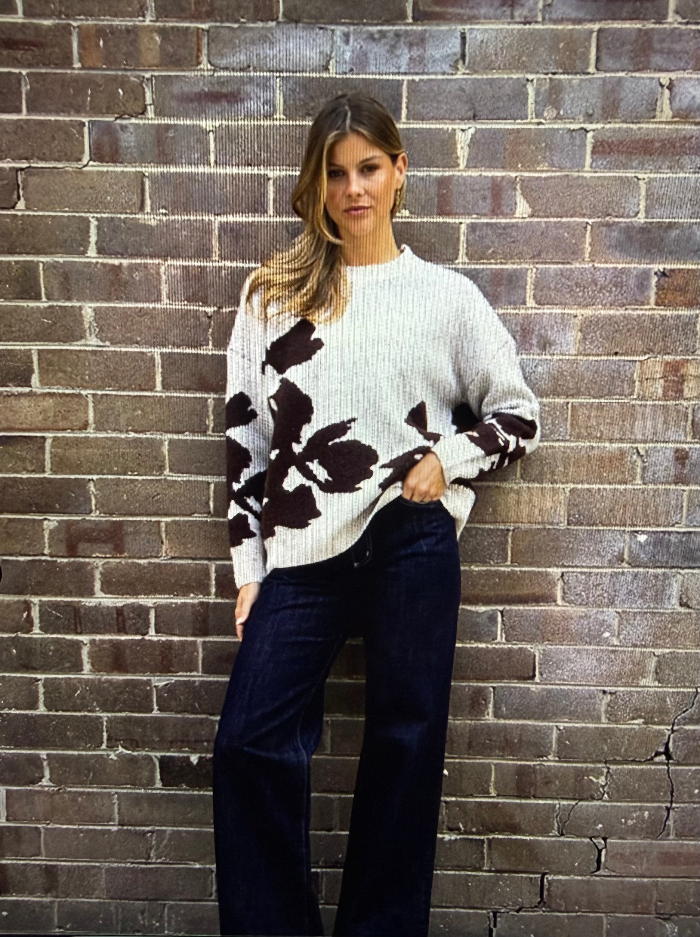 Milton Knit Top — long-sleeve crew neck knit top with embroidery lace detail and a dropped shoulder | Sonella