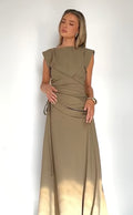 Missy Maxi Dress – Khaki — khaki maxi dress with a cap sleeve, adjustable ruched waist, A-line skirt and zip back | Sonella