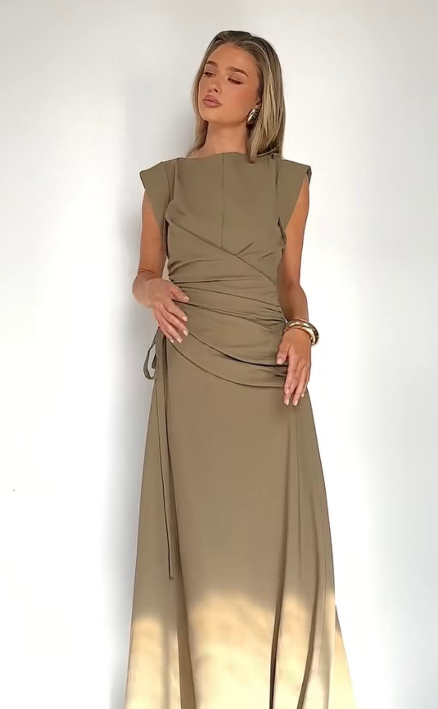 Missy Maxi Dress – Khaki — khaki maxi dress with a cap sleeve, adjustable ruched waist, A-line skirt and zip back | Sonella