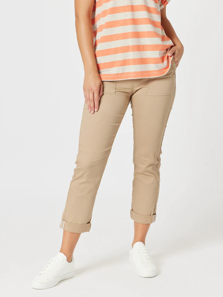 Isabella Cotton Pant — high-rise pull-on cotton pant with a rib waistband, tapered leg and stripe trim at the hem | Sonella