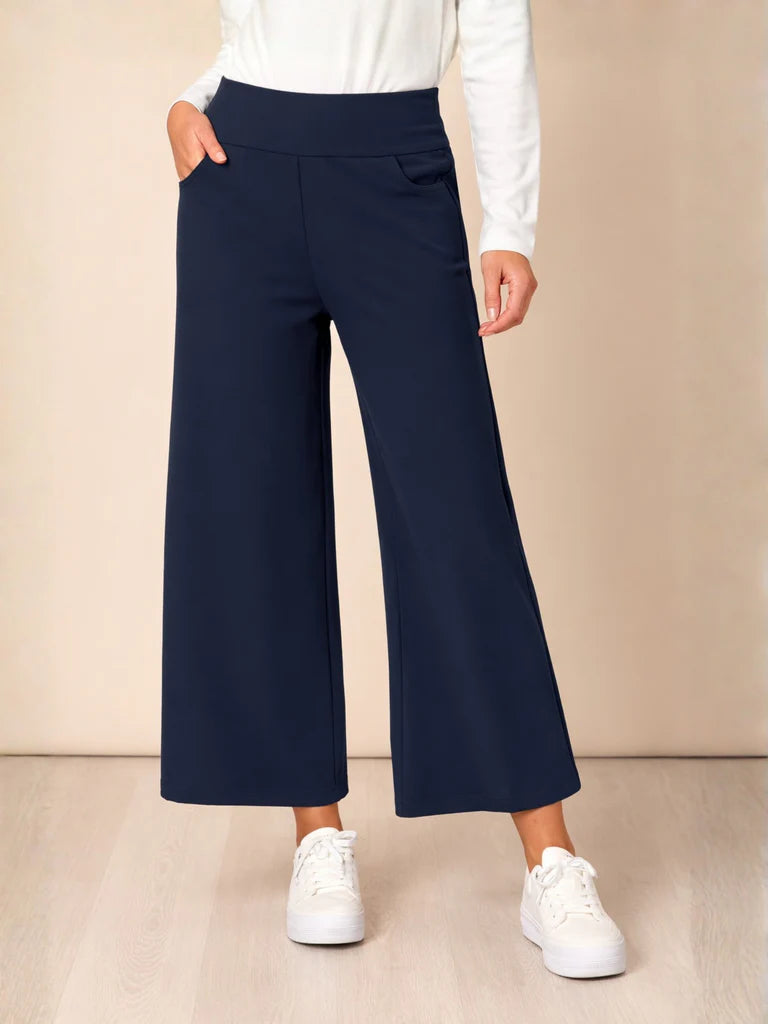 Kimmy Ponte Wide Leg Pant — cropped high-rise pull-on wide-leg ponte pant with an internal mesh waistband panel | Sonella