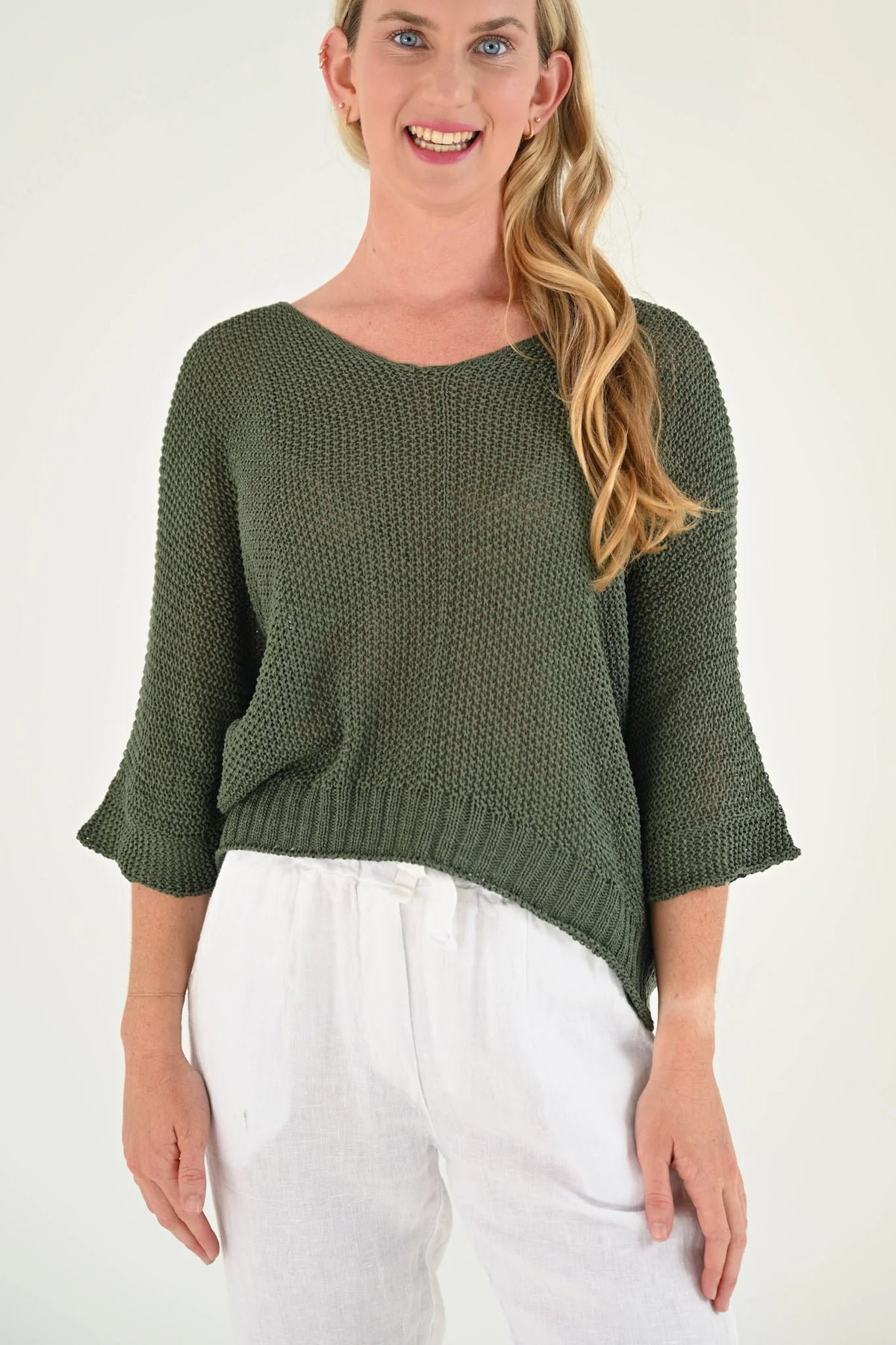 Jean Knit Batwing 3/4 Sleeve Top in khaki – front view, relaxed batwing silhouette | Sonella
