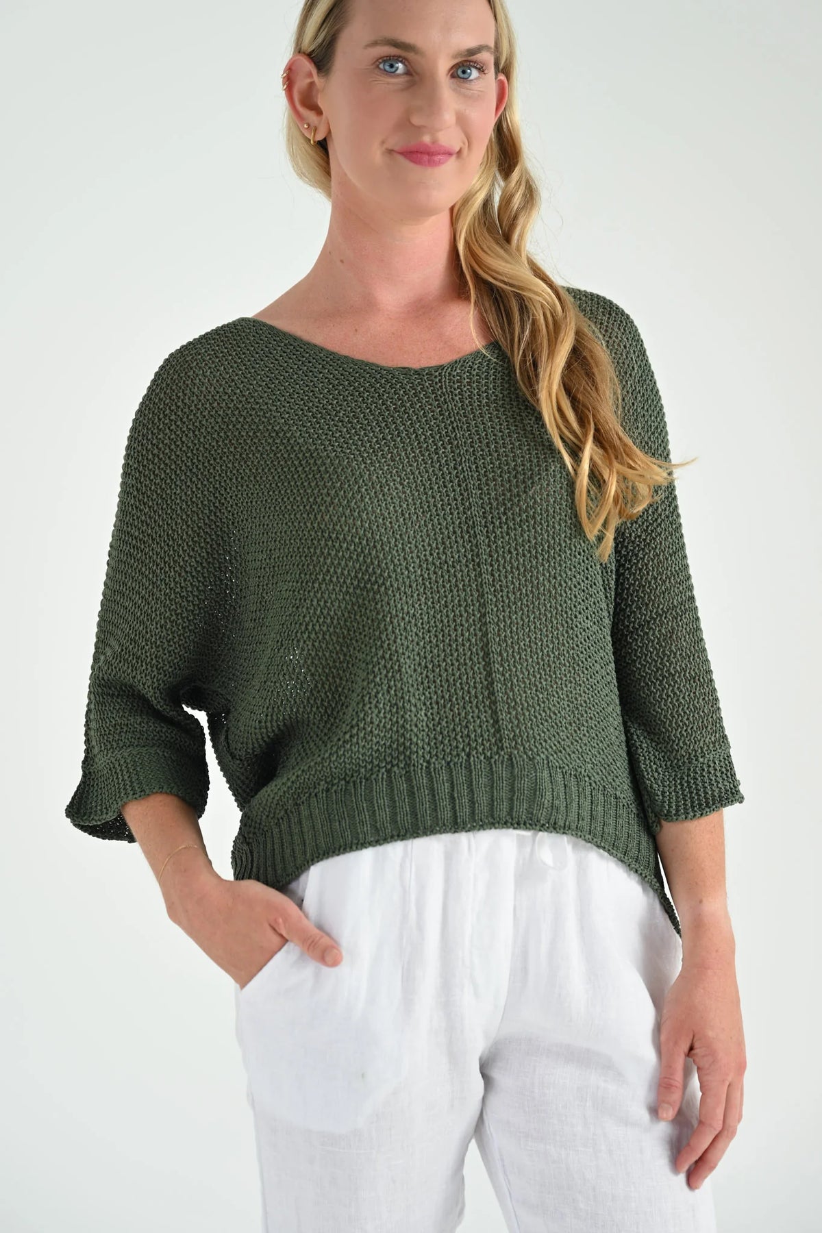 Jean Knit Batwing 3/4 Sleeve Top in khaki – side view showing batwing sleeve and relaxed fit | Sonella