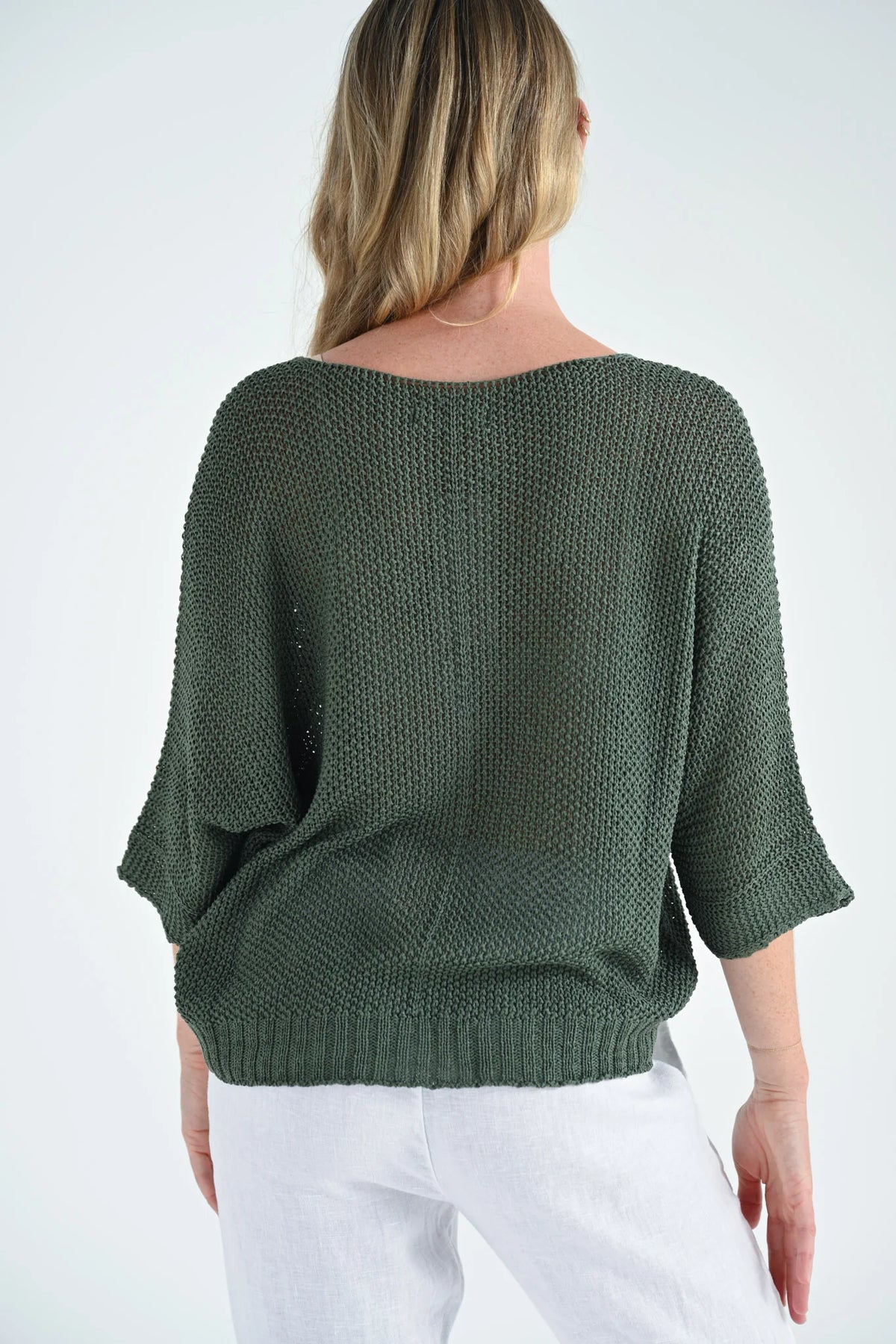 Jean Knit Batwing 3/4 Sleeve Top in khaki – back view, 3/4 sleeve knit batwing top | Sonella