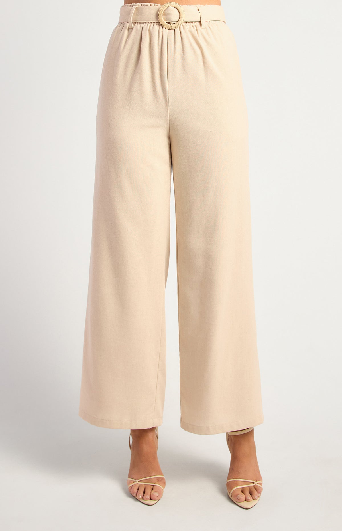 Rattan Buckle Straight Leg Pants Beige — beige high-waisted straight-leg pant in a rayon-flax blend | Sonella