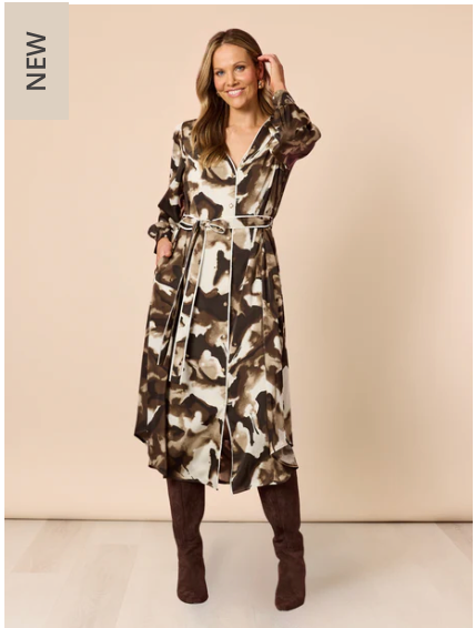 Venice Print Dress — button-through midi dress in an espresso painterly print, with a piped V-neckline | Sonella