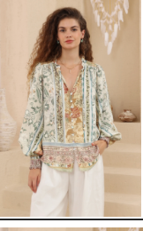 Patterned Tie Neck Long Sleeve Top — patterned long-sleeve top in fluid rayon viscose | Sonella