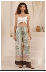 Patterned Drawstring Pants — patterned wide-leg pant in fluid rayon viscose, with an elastic drawstring waist | Sonella
