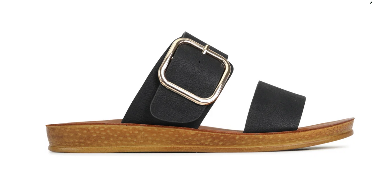 Doti Slip-On Sandal Black — slip-on open-toe sandal with a flexible sole and built-in arch support. Black | Sonella