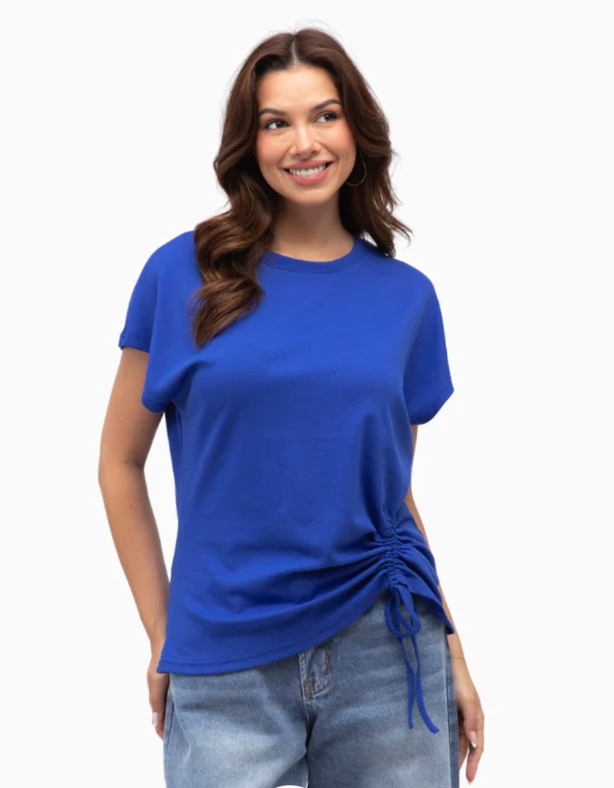 LOL Drawstring Tee — relaxed cobalt blue cotton tee with an adjustable drawstring hem | Sonella