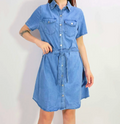 Stretchy Denim Shirt Dress — knee-length stretch denim shirt dress with a button front and a removable self-tie | Sonella