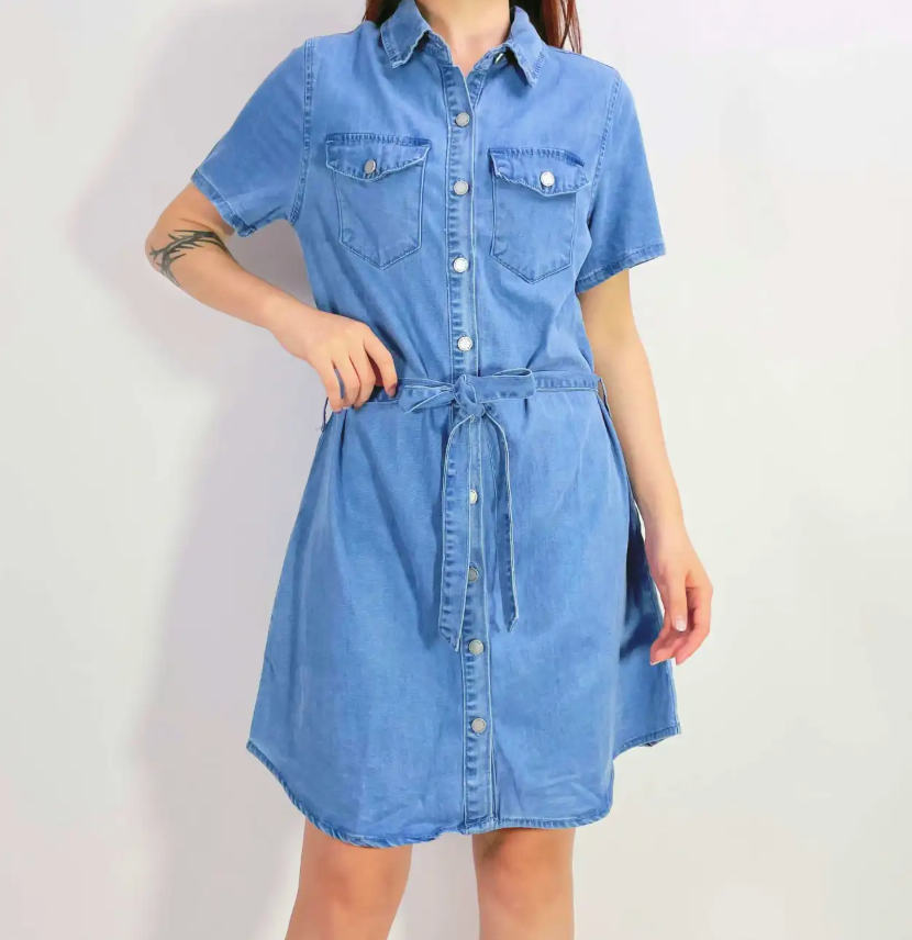 Stretchy Denim Shirt Dress — knee-length stretch denim shirt dress with a button front and a removable self-tie | Sonella