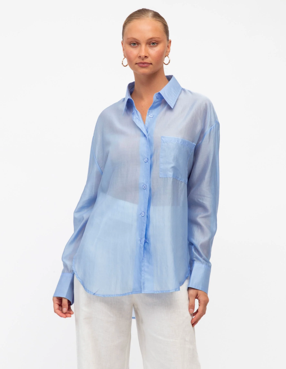 Sky Blue Sheer Top — sheer sky blue long-sleeve top with a button-up front, in a Tencel blend | Sonella