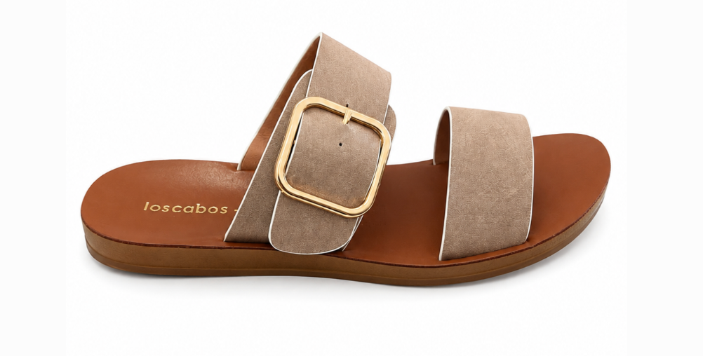 Doti Sandal Taupe White Trim — slip-on open-toe sandal with a flexible sole and built-in arch support. Black | Sonella