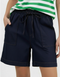 Denim Drawstring Short — knee-length cotton denim short with a drawstring waist | Sonella