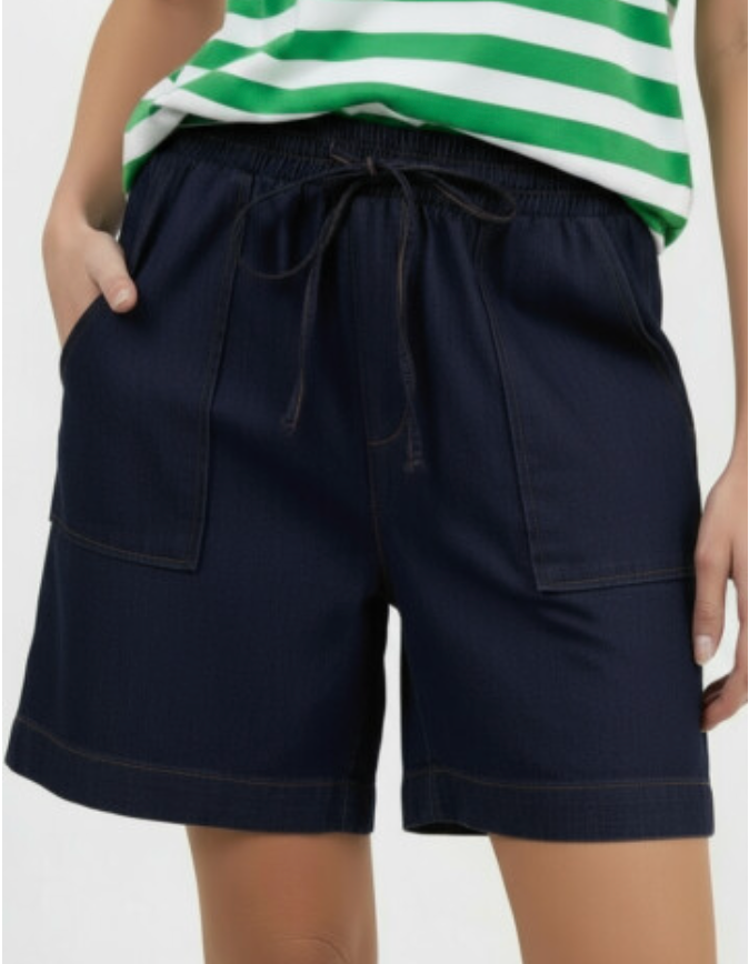 Denim Drawstring Short — knee-length cotton denim short with a drawstring waist | Sonella
