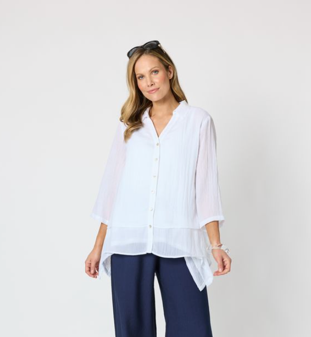 Essential Shirt — structured double-layer button-down shirt with cuffed sleeves and a three-button back detail | Sonella