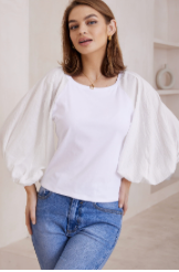Puffy Sleeve White Top — white cotton-spandex top with voluminous puffed sleeves | Sonella