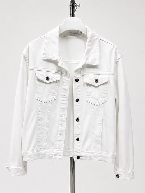 Denim Stretch Jacket — white stretch denim jacket with a tailored silhouette and a buttoned chest pocket | Sonella