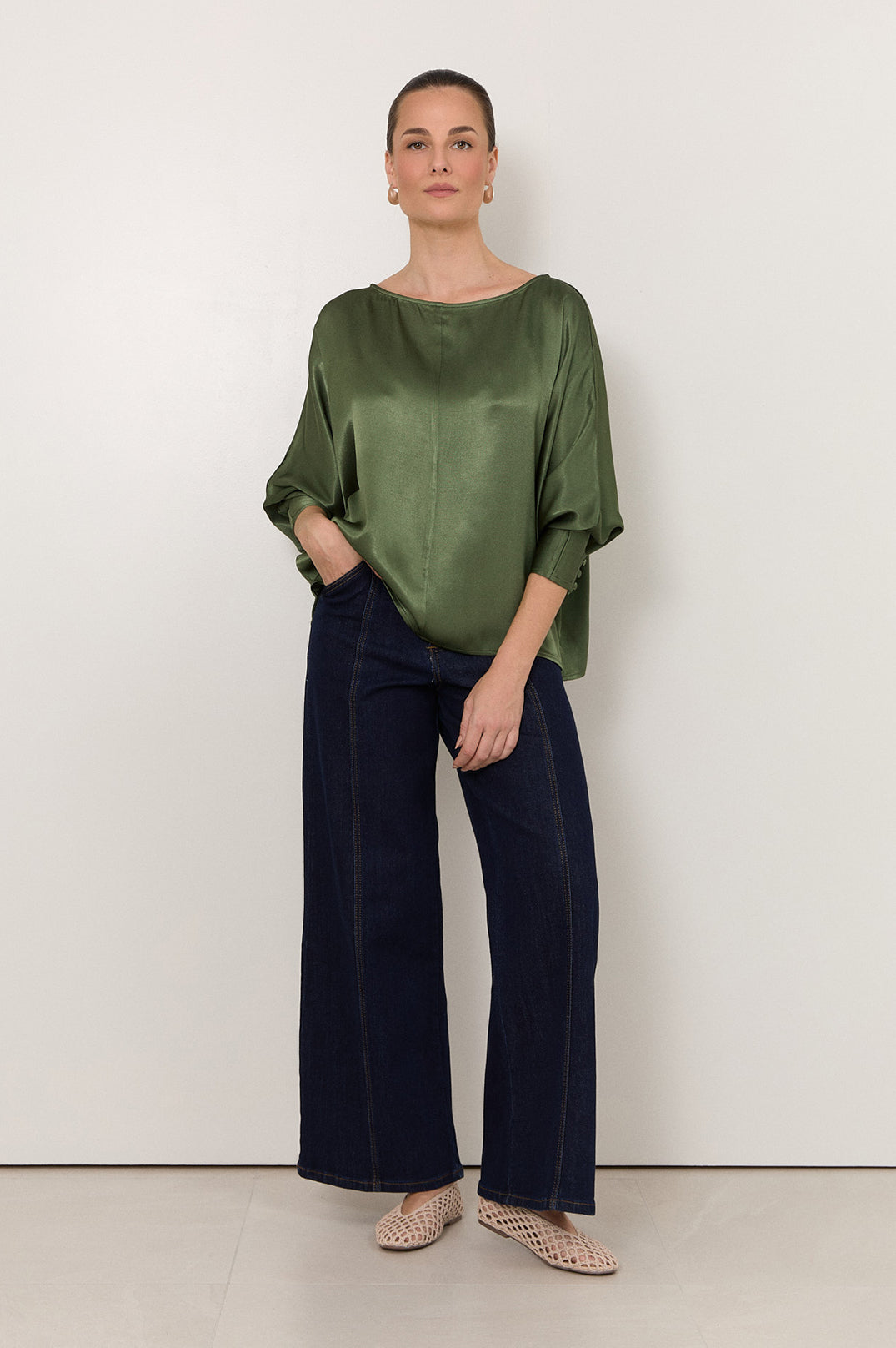 Adele Wide Leg Jean in dark denim – front view, relaxed wide leg silhouette in dark wash denim | Sonella