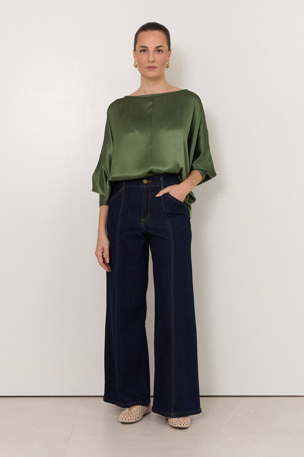 Adele Wide Leg Jean in dark denim – styled view, contemporary women's wide leg jean | Sonella