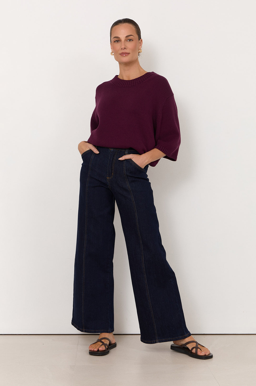 Adele Wide Leg Jean in dark denim – side view showing wide leg cut and dark denim wash | Sonella