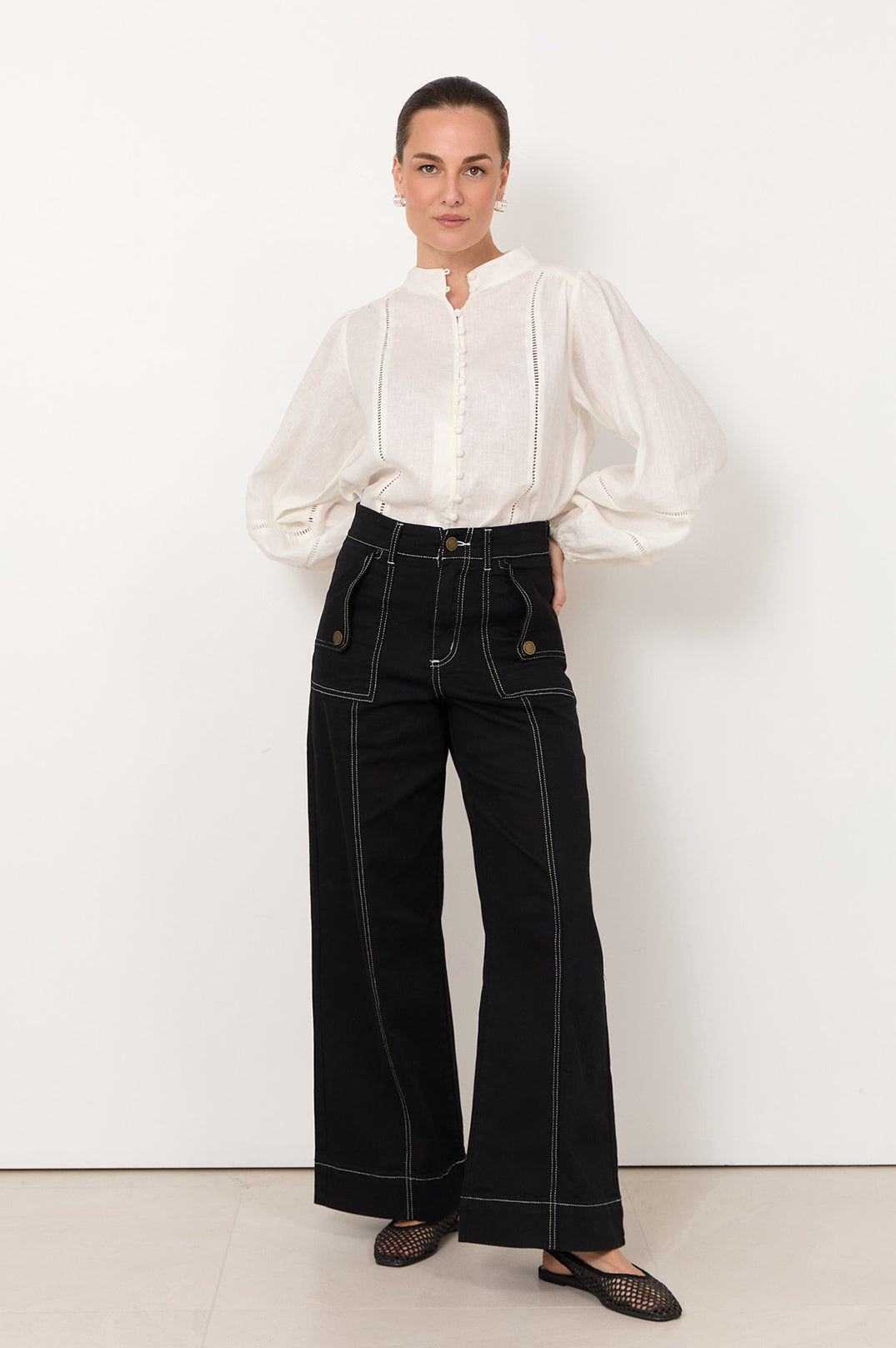Dion Statement Pocket Jean in black – front view, bold statement pocket detail on women's black jean | Sonella